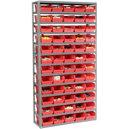 Global Industrial Steel Shelving with 60 4inH Plastic Shelf Bins Red, 36x12x72-13 Shelves 603440RD